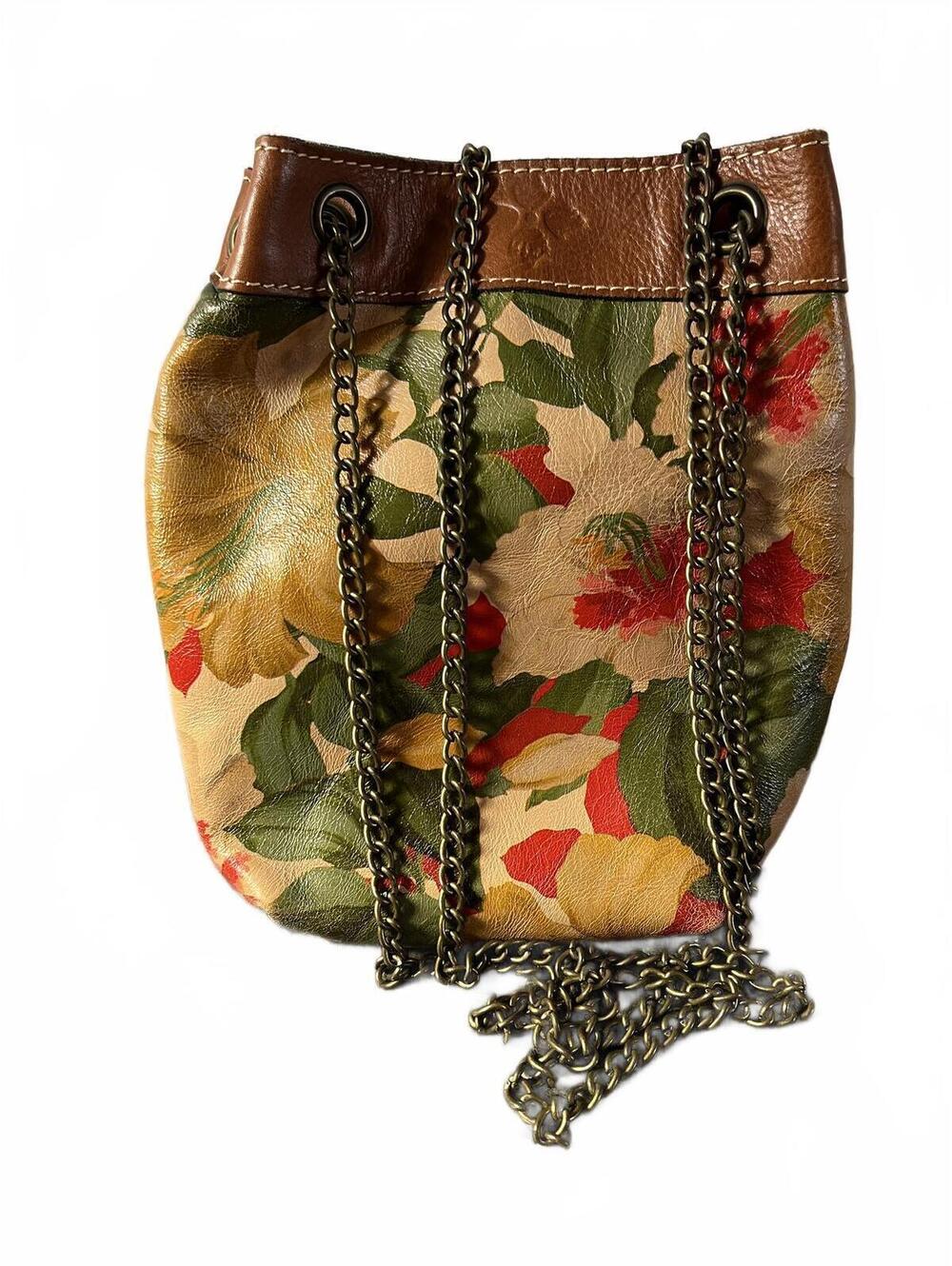 Patricia Nash Floral Leather Crossbody Drawstring Bucket Bag Chain Strap